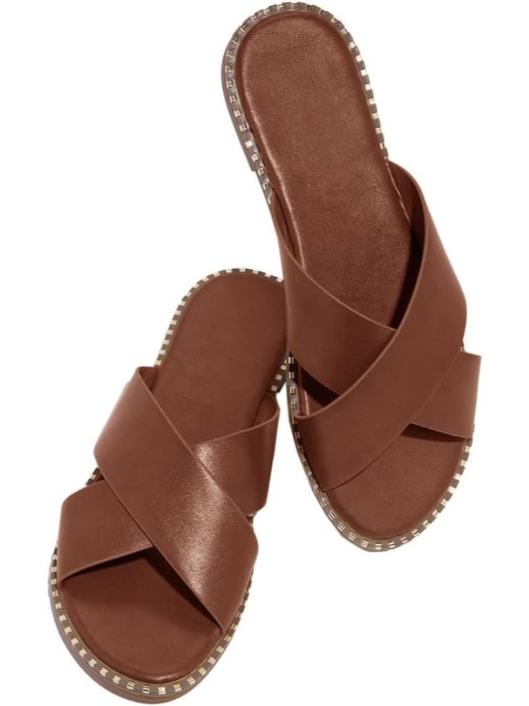 Women's Brown Studded Flat Open Toe Slip On Mule Slides Crossed Strap Slipper